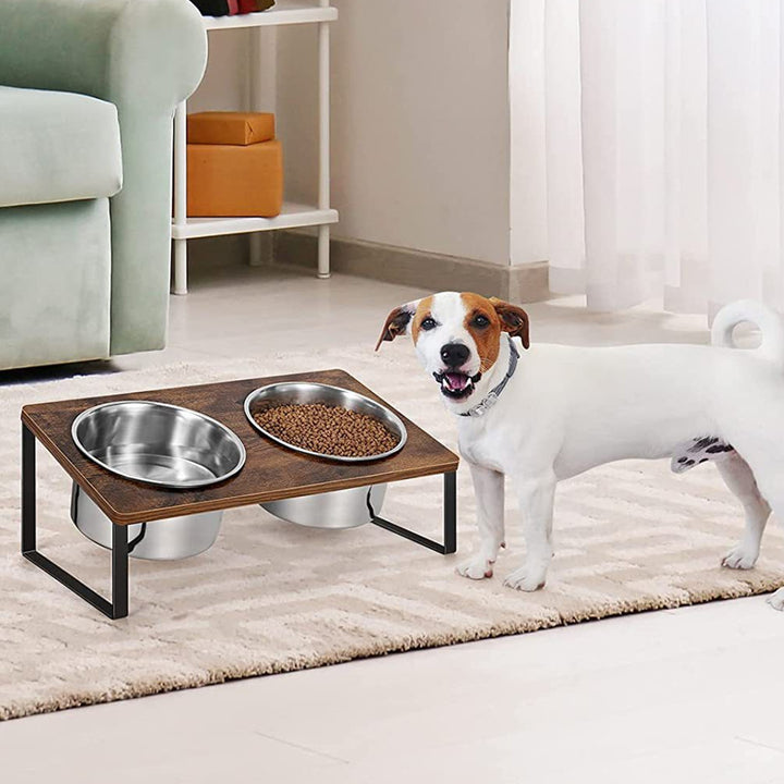 Iron And Wood Pet Feeding Rack With Elevated Bowl Stand