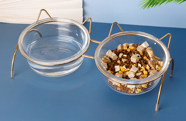 Glass Pet Feeding Bowl With Metal Rack For Food And Water For Small Pets