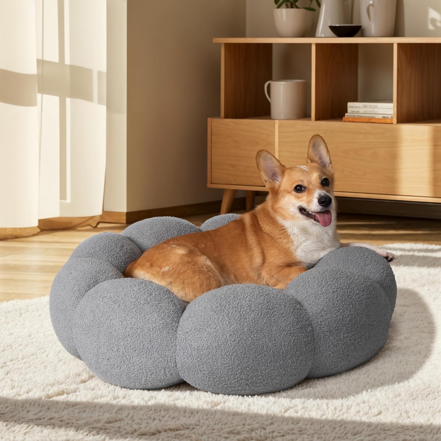 Fluffy Flower Pet Bed With Plush Design And Non Slip Base