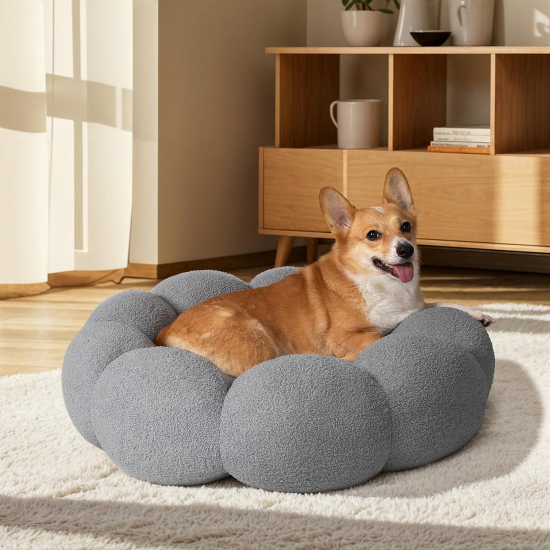 Fluffy Flower Pet Bed With Plush Design And Non Slip Base