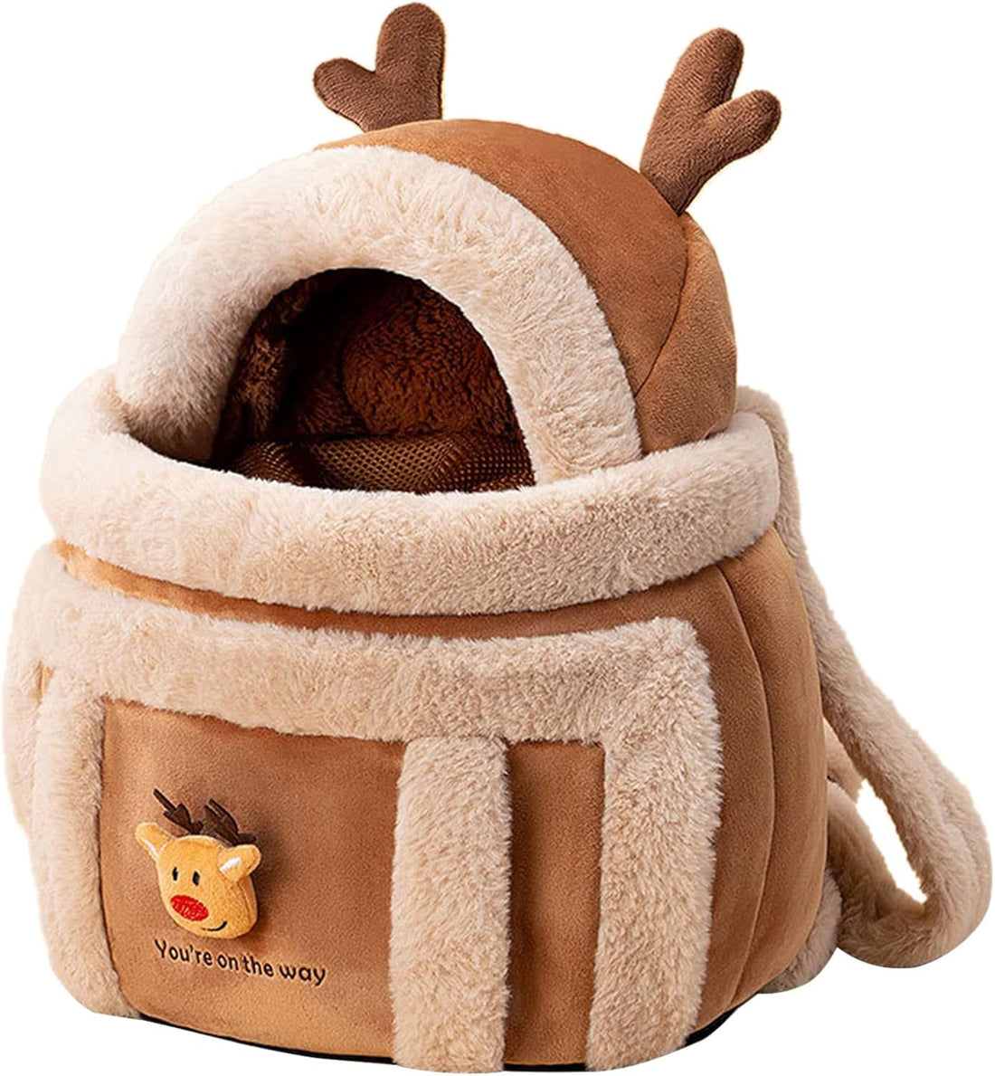 Plush Reindeer Pet Carrier Backpack Bag With Hand Warmers For Winter Travel