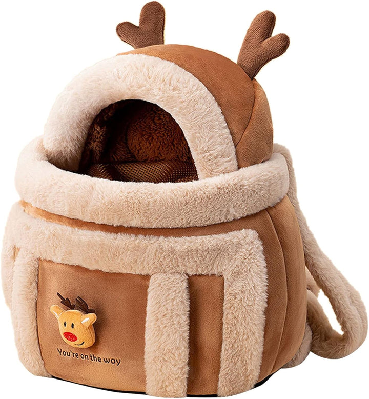 Plush Reindeer Pet Carrier Backpack Bag With Hand Warmers For Winter Travel
