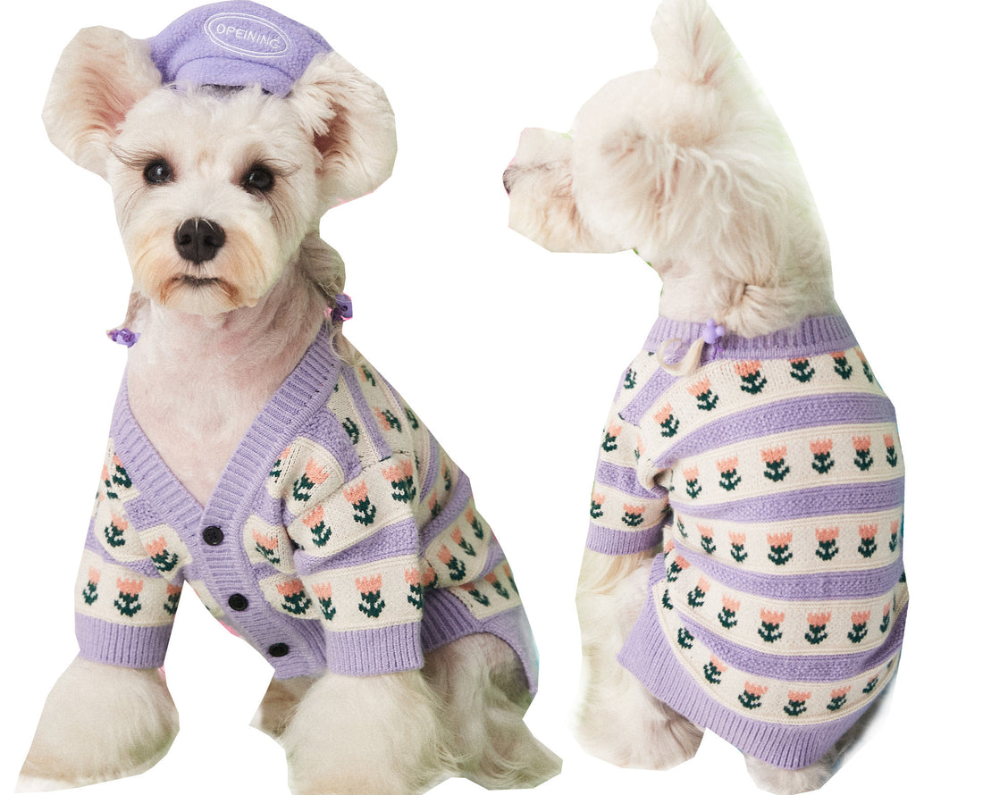 Purple Flower Pet Sweater Cardigan For Warmth And Style