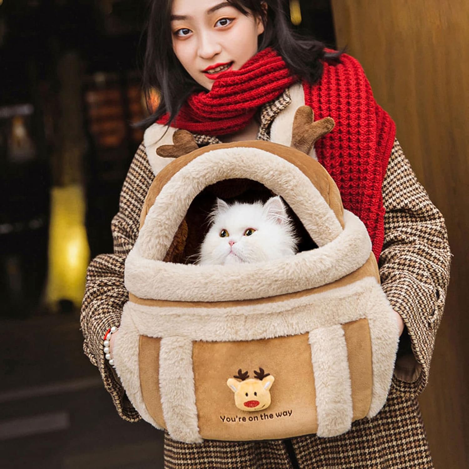 Plush Reindeer Pet Carrier Backpack Bag With Hand Warmers For Winter Travel