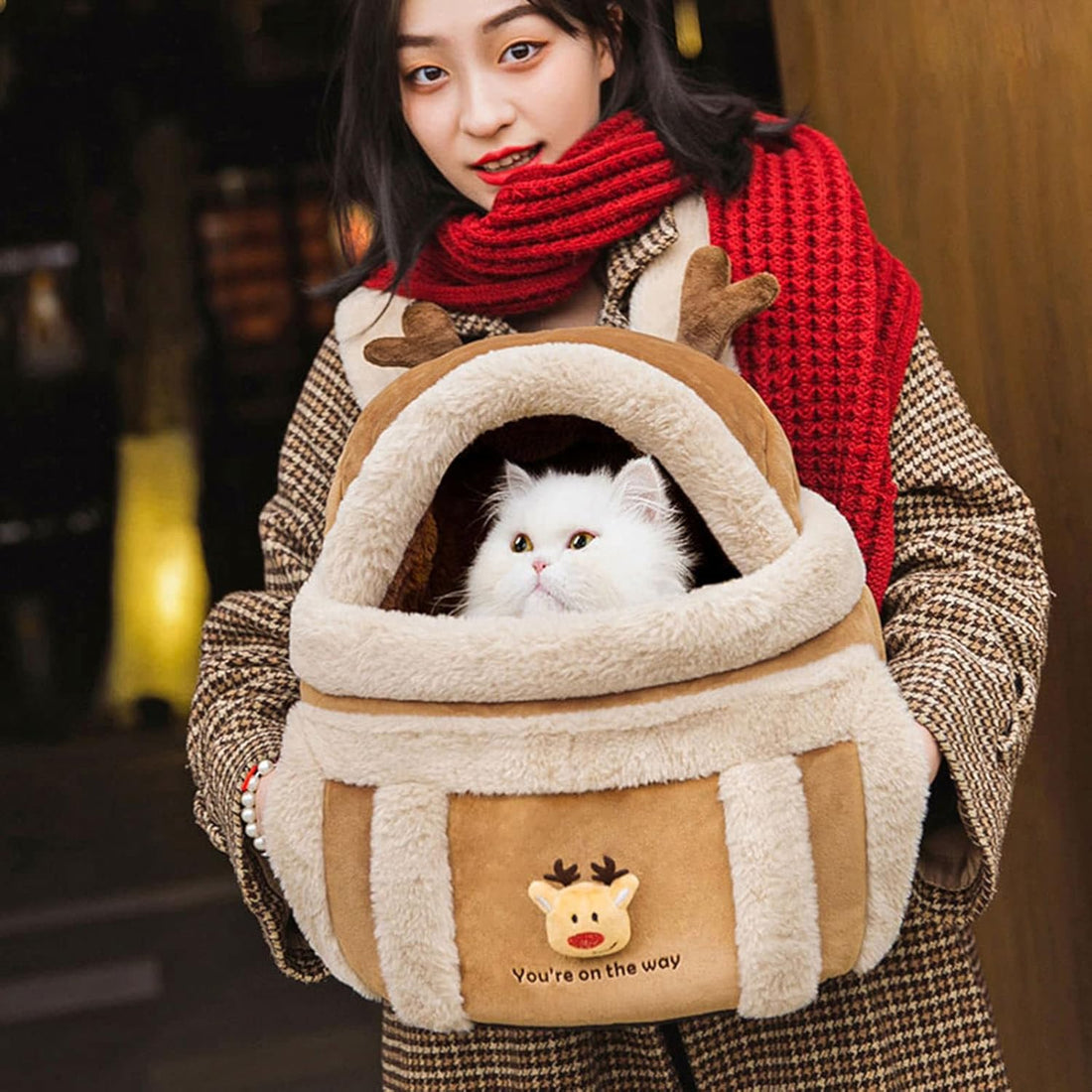 Plush Reindeer Pet Carrier Backpack Bag With Hand Warmers For Winter Travel