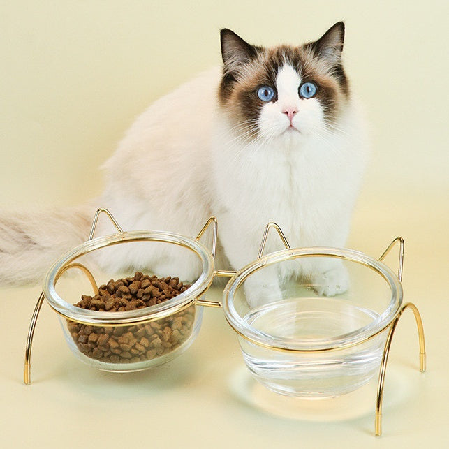 Glass Pet Feeding Bowl With Metal Rack For Food And Water For Small Pets