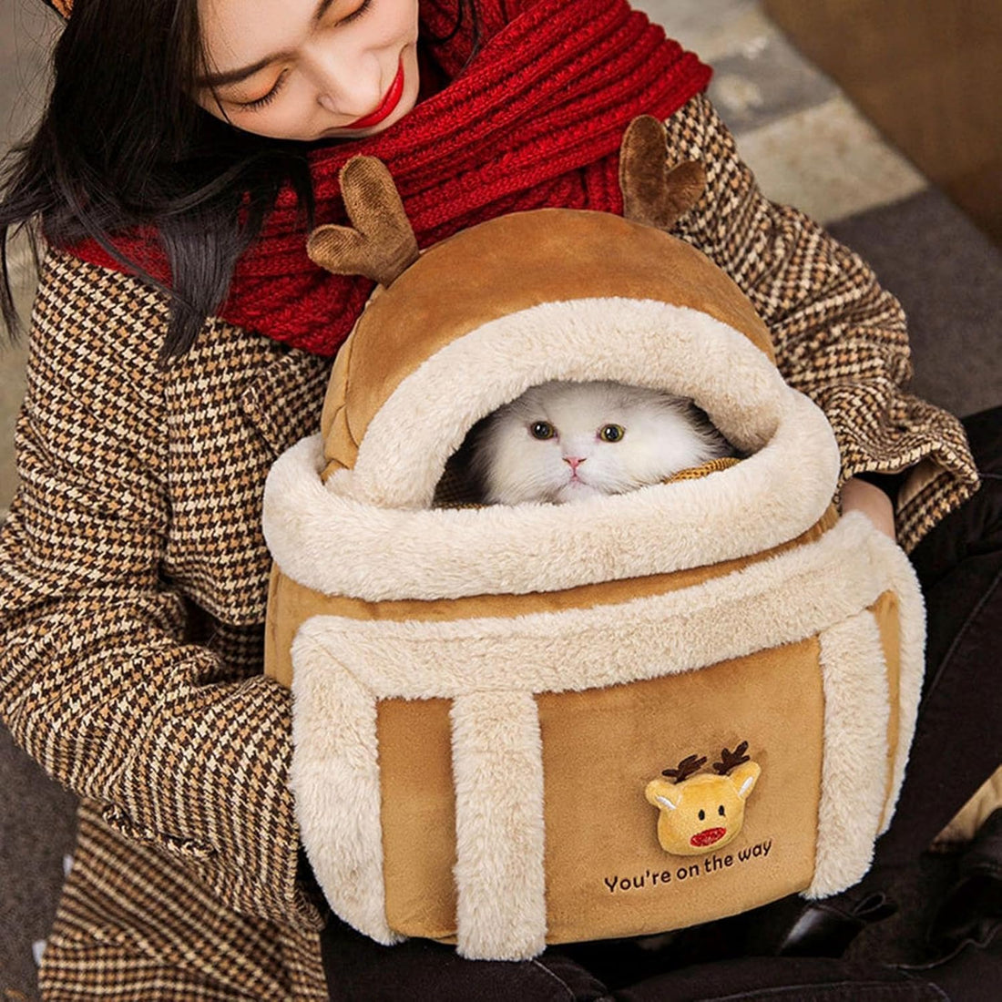 Plush Reindeer Pet Carrier Backpack Bag With Hand Warmers For Winter Travel